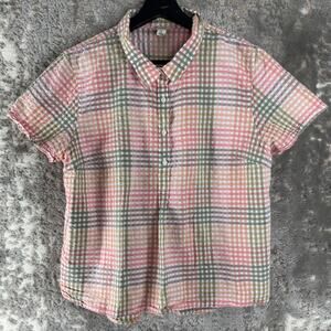 LL Bean Petite Size LP Plaid Casual Button Top Pink Short Sleeve Collar